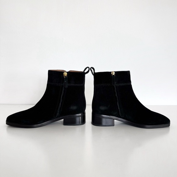 NEW Tory Burch Everly Suede Booties Gold Logo Black Ankle Boots - Picture 4 of 8